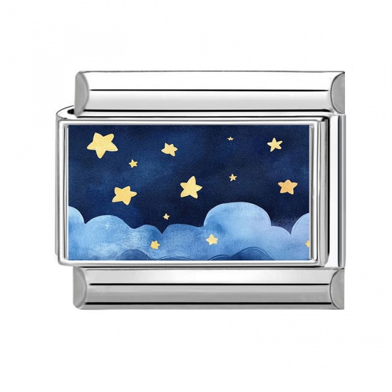 Picture of 1 Piece 304 Stainless Steel Italian Charm Links For DIY Bracelet Jewelry Making Wholesale Silver Tone Blue Rectangle Star 10mm x 9mm