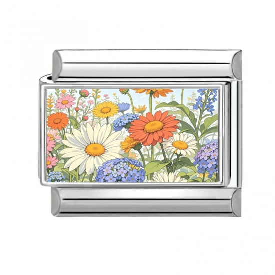 Picture of 1 Piece 304 Stainless Steel Stylish Italian Charm Links For DIY Bracelet Jewelry Making Wholesale Silver Tone Multicolor Rectangle Flower 10mm x 9mm