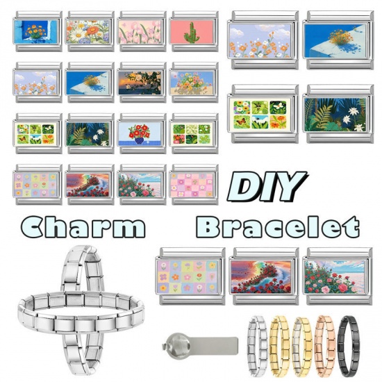 Picture of 1 Piece 304 Stainless Steel Stylish Italian Charm Links For DIY Bracelet Jewelry Making Wholesale Silver Tone Multicolor Rectangle Flower 10mm x 9mm
