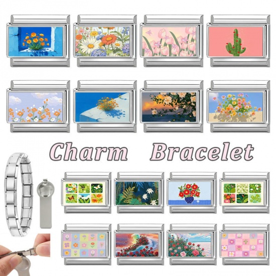 Picture of 1 Piece 304 Stainless Steel Stylish Italian Charm Links For DIY Bracelet Jewelry Making Wholesale Silver Tone Multicolor Rectangle Flower 10mm x 9mm