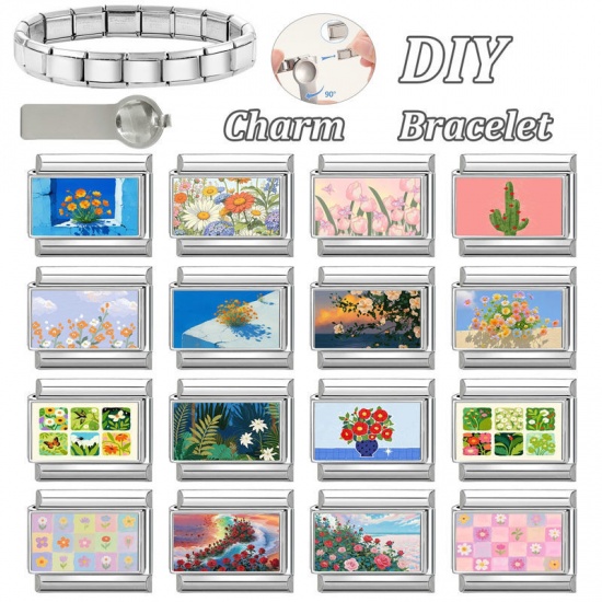 Picture of 1 Piece 304 Stainless Steel Stylish Italian Charm Links For DIY Bracelet Jewelry Making Wholesale Silver Tone Multicolor Rectangle Flower 10mm x 9mm