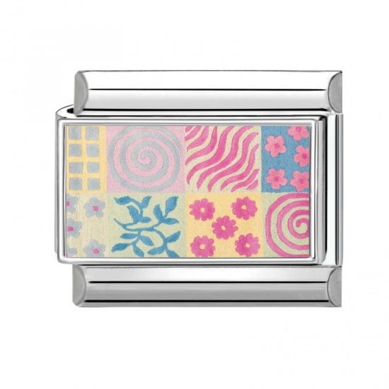 Picture of 1 Piece 304 Stainless Steel Stylish Italian Charm Links For DIY Bracelet Jewelry Making Wholesale Silver Tone Pink Rectangle 10mm x 9mm