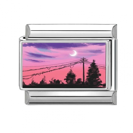 Picture of 1 Piece 304 Stainless Steel Stylish Italian Charm Links For DIY Bracelet Jewelry Making Wholesale Silver Tone Pink Rectangle Natural Scenery 10mm x 9mm