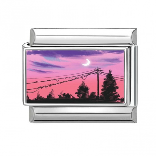 Picture of 1 Piece 304 Stainless Steel Stylish Italian Charm Links For DIY Bracelet Jewelry Making Wholesale Silver Tone Pink Rectangle Natural Scenery 10mm x 9mm
