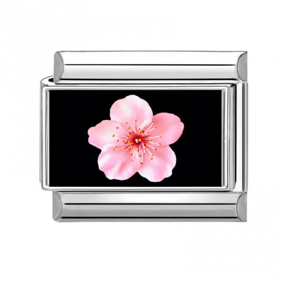 Picture of 1 Piece 304 Stainless Steel Stylish Italian Charm Links For DIY Bracelet Jewelry Making Wholesale Silver Tone Pink Rectangle Flower 10mm x 9mm