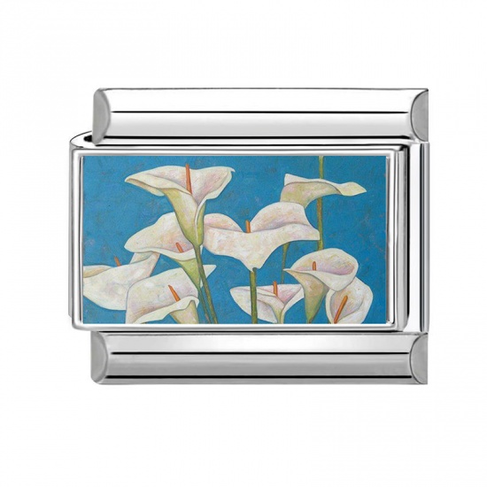 Picture of 1 Piece 304 Stainless Steel Stylish Italian Charm Links For DIY Bracelet Jewelry Making Wholesale Silver Tone White Rectangle Flower 10mm x 9mm