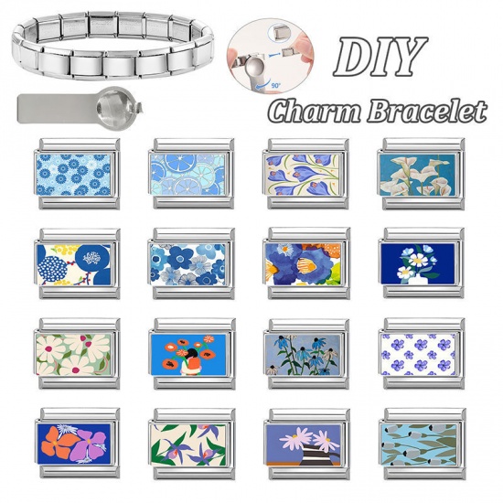 Picture of 1 Piece 304 Stainless Steel Stylish Italian Charm Links For DIY Bracelet Jewelry Making Wholesale Silver Tone White Rectangle Flower 10mm x 9mm