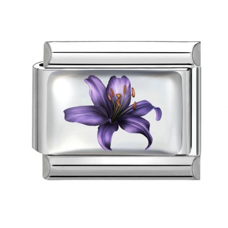 Picture of 1 Piece 304 Stainless Steel Stylish Italian Charm Links For DIY Bracelet Jewelry Making Wholesale Silver Tone Purple Rectangle Flower 10mm x 9mm