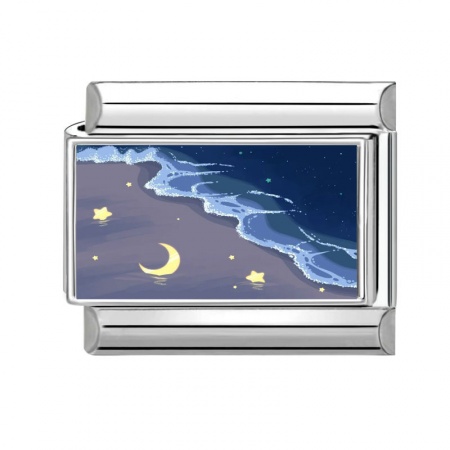 Picture of 1 Piece 304 Stainless Steel Stylish Italian Charm Links For DIY Bracelet Jewelry Making Wholesale Silver Tone Dark Blue Rectangle Moon 10mm x 9mm