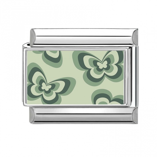 Picture of 1 Piece 304 Stainless Steel Stylish Italian Charm Links For DIY Bracelet Jewelry Making Wholesale Silver Tone Green Rectangle Butterfly 10mm x 9mm