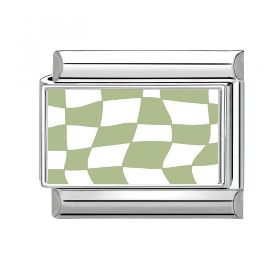 Picture of 1 Piece 304 Stainless Steel Stylish Italian Charm Links For DIY Bracelet Jewelry Making Wholesale Silver Tone Light Green Rectangle Grid Checker 10mm x 9mm