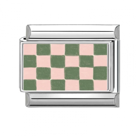 Picture of 1 Piece 304 Stainless Steel Stylish Italian Charm Links For DIY Bracelet Jewelry Making Wholesale Silver Tone Green Rectangle Grid Checker 10mm x 9mm