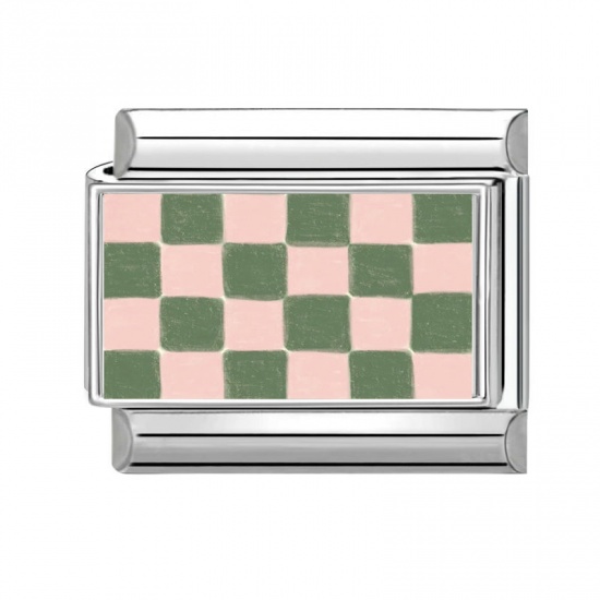 Picture of 1 Piece 304 Stainless Steel Stylish Italian Charm Links For DIY Bracelet Jewelry Making Wholesale Silver Tone Green Rectangle Grid Checker 10mm x 9mm
