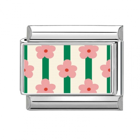 Picture of 1 Piece 304 Stainless Steel Stylish Italian Charm Links For DIY Bracelet Jewelry Making Wholesale Silver Tone Pink Rectangle Flower 10mm x 9mm