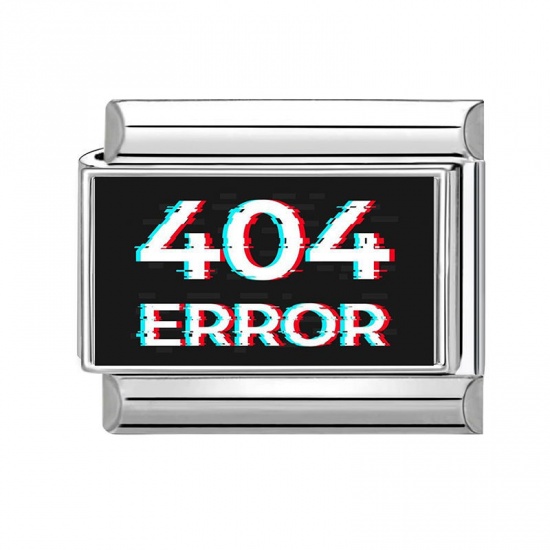 Picture of 1 Piece 304 Stainless Steel Stylish Italian Charm Links For DIY Bracelet Jewelry Making Wholesale Silver Tone Black Rectangle Message " 404 ERROR " 10mm x 9mm