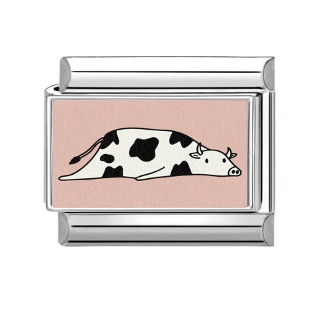 Picture of 1 Piece 304 Stainless Steel Stylish Italian Charm Links For DIY Bracelet Jewelry Making Wholesale Silver Tone White Rectangle Cow 10mm x 9mm