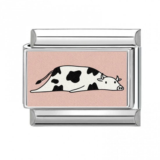 Picture of 1 Piece 304 Stainless Steel Stylish Italian Charm Links For DIY Bracelet Jewelry Making Wholesale Silver Tone White Rectangle Cow 10mm x 9mm