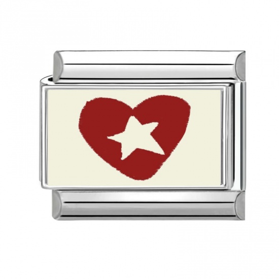 Picture of 1 Piece 304 Stainless Steel Valentine's Day Italian Charm Links For DIY Bracelet Jewelry Making Wholesale Silver Tone Red Rectangle Heart 10mm x 9mm