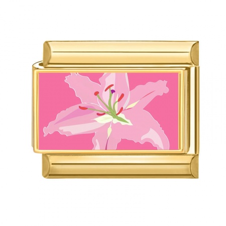 Picture of 1 Piece 304 Stainless Steel Stylish Italian Charm Links For DIY Bracelet Jewelry Making Wholesale Gold Plated Pink Rectangle Flower 10mm x 9mm