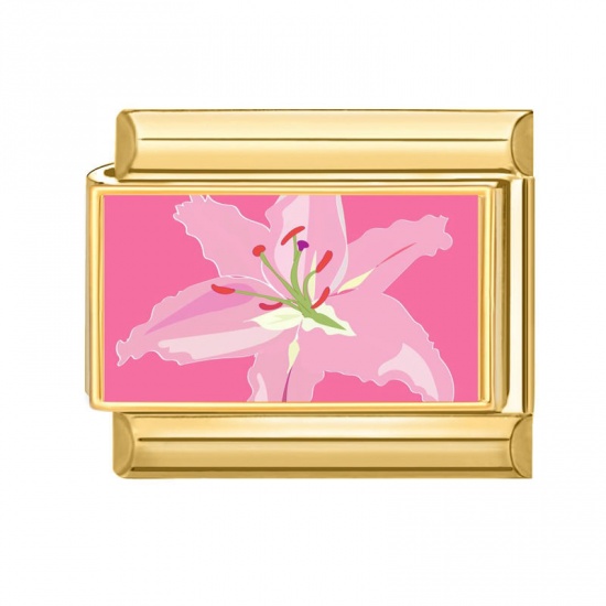 Picture of 1 Piece 304 Stainless Steel Stylish Italian Charm Links For DIY Bracelet Jewelry Making Wholesale Gold Plated Pink Rectangle Flower 10mm x 9mm