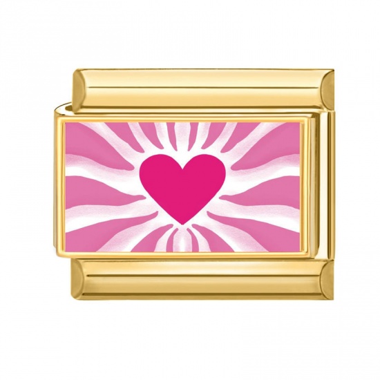 Picture of 1 Piece 304 Stainless Steel Valentine's Day Italian Charm Links For DIY Bracelet Jewelry Making Wholesale Gold Plated Pink Rectangle Heart 10mm x 9mm