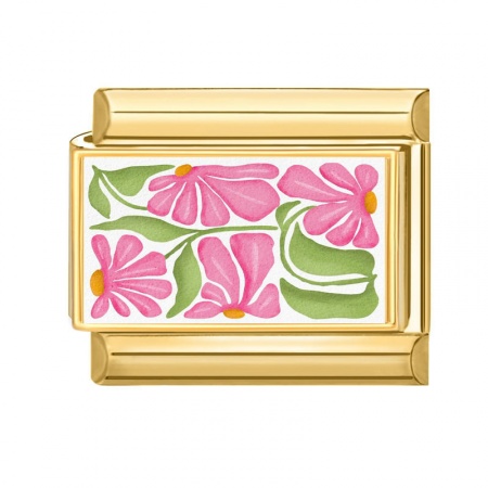 Picture of 1 Piece 304 Stainless Steel Stylish Italian Charm Links For DIY Bracelet Jewelry Making Wholesale Gold Plated Pink Rectangle Flower 10mm x 9mm