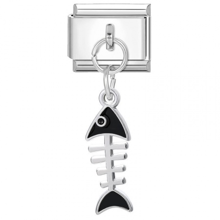 Picture of 1 Piece 304 Stainless Steel Stylish Italian Charm Links For DIY Bracelet Jewelry Making Wholesale Silver Tone Black Fish Bone 10mm x 9mm