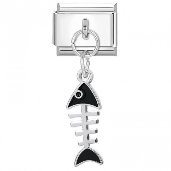 Picture of 1 Piece 304 Stainless Steel Stylish Italian Charm Links For DIY Bracelet Jewelry Making Wholesale Silver Tone Black Fish Bone 10mm x 9mm