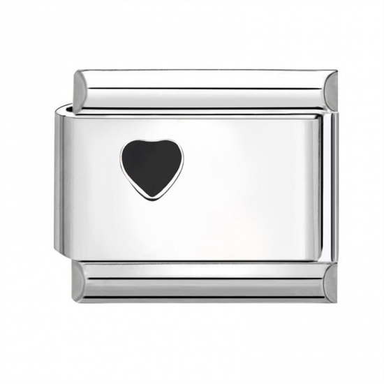Picture of 1 Piece 304 Stainless Steel Valentine's Day Italian Charm Links For DIY Bracelet Jewelry Making Wholesale Silver Tone Black Rectangle Heart 10mm x 9mm