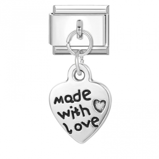 Picture of 1 Piece 304 Stainless Steel Valentine's Day Italian Charm Links For DIY Bracelet Jewelry Making Wholesale Silver Tone Heart Message " Made With Love " 10mm x 9mm