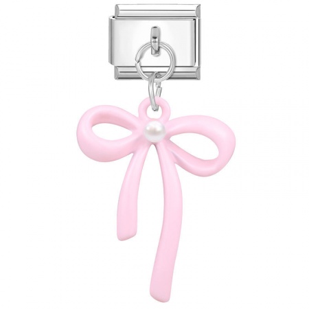 Picture of 1 Piece 304 Stainless Steel Stylish Italian Charm Links For DIY Bracelet Jewelry Making Wholesale Silver Tone Pink Bowknot 10mm x 9mm