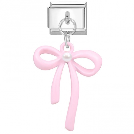 Picture of 1 Piece 304 Stainless Steel Stylish Italian Charm Links For DIY Bracelet Jewelry Making Wholesale Silver Tone Pink Bowknot 10mm x 9mm