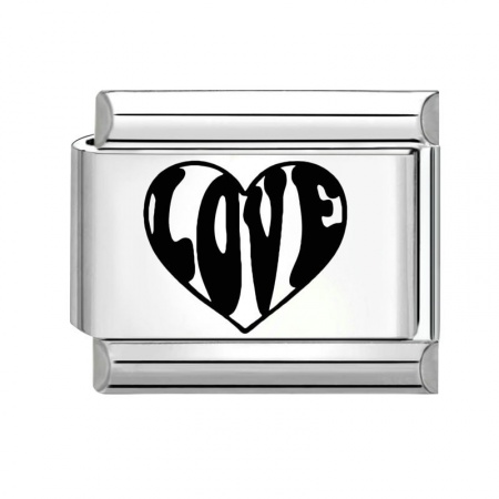 Picture of 1 Piece 304 Stainless Steel Valentine's Day Italian Charm Links For DIY Bracelet Jewelry Making Wholesale Silver Tone Black Rectangle Heart Message " LOVE " 10mm x 9mm
