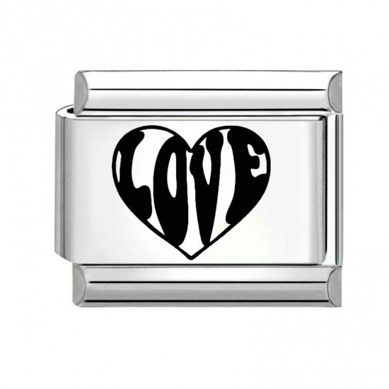 Picture of 1 Piece 304 Stainless Steel Valentine's Day Italian Charm Links For DIY Bracelet Jewelry Making Wholesale Silver Tone Black Rectangle Heart Message " LOVE " 10mm x 9mm