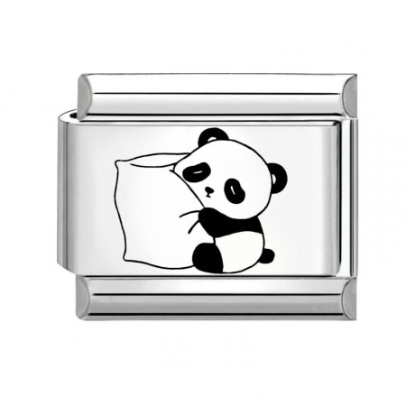 Picture of 1 Piece 304 Stainless Steel Stylish Italian Charm Links For DIY Bracelet Jewelry Making Wholesale Silver Tone Black Rectangle Panda 10mm x 9mm