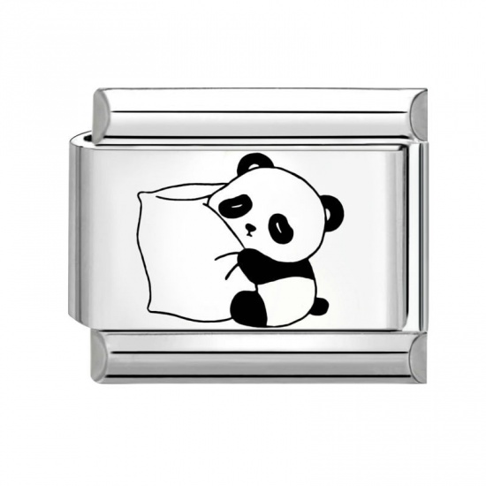 Picture of 1 Piece 304 Stainless Steel Stylish Italian Charm Links For DIY Bracelet Jewelry Making Wholesale Silver Tone Black Rectangle Panda 10mm x 9mm