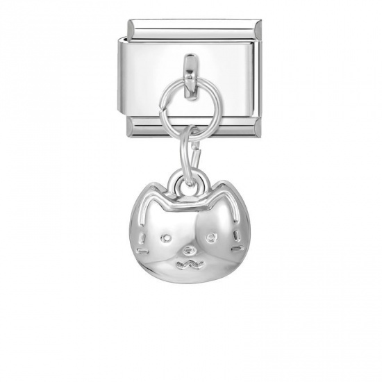 Picture of 1 Piece 304 Stainless Steel Stylish Italian Charm Links For DIY Bracelet Jewelry Making Wholesale Silver Tone Cat Animal 10mm x 9mm