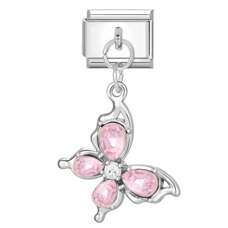 Picture of 1 Piece 304 Stainless Steel Stylish Italian Charm Links For DIY Bracelet Jewelry Making Wholesale Silver Tone Butterfly Animal Pink Rhinestone 10mm x 9mm