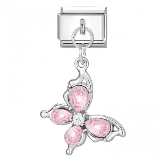 Picture of 1 Piece 304 Stainless Steel Stylish Italian Charm Links For DIY Bracelet Jewelry Making Wholesale Silver Tone Butterfly Animal Pink Rhinestone 10mm x 9mm