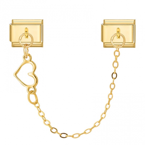 Picture of 1 Piece 304 Stainless Steel Valentine's Day Italian Charm Links For DIY Bracelet Jewelry Making Wholesale Gold Plated Heart 10mm x 9mm