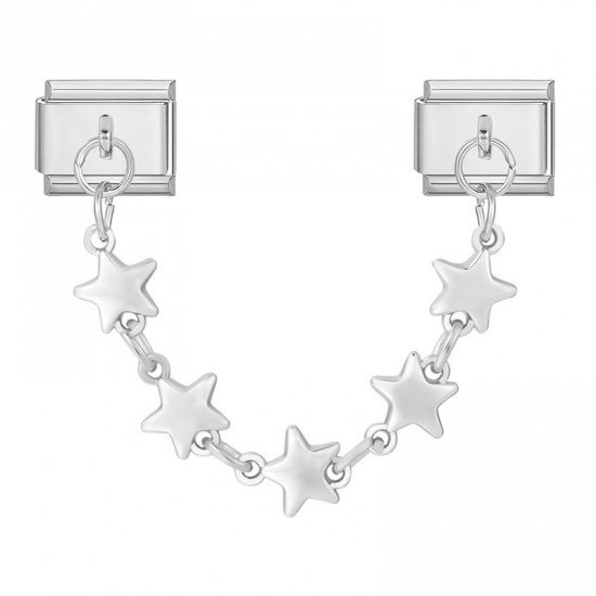 Picture of 1 Piece 304 Stainless Steel Stylish Italian Charm Links For DIY Bracelet Jewelry Making Wholesale Silver Tone Pentagram Star 10mm x 9mm
