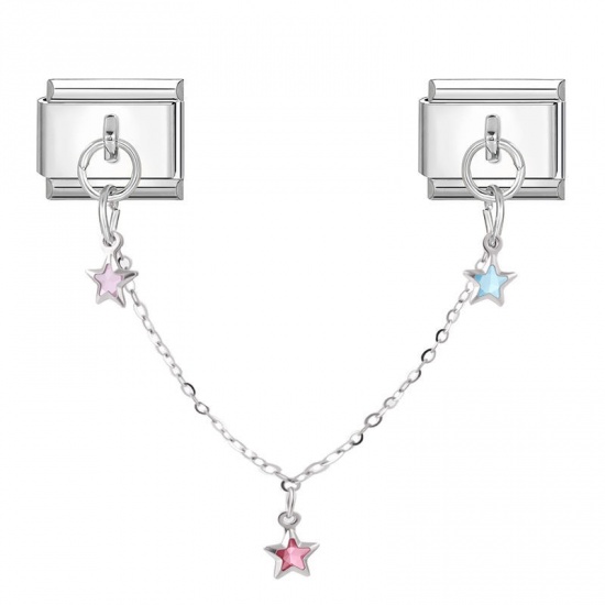 Picture of 1 Piece 304 Stainless Steel Stylish Italian Charm Links For DIY Bracelet Jewelry Making Wholesale Silver Tone Pentagram Star 10mm x 9mm