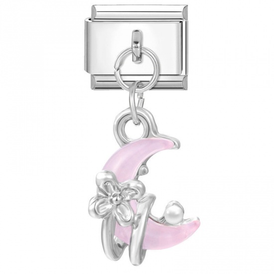 Picture of 1 Piece 304 Stainless Steel Stylish Italian Charm Links For DIY Bracelet Jewelry Making Wholesale Silver Tone Pink Half Moon 10mm x 9mm