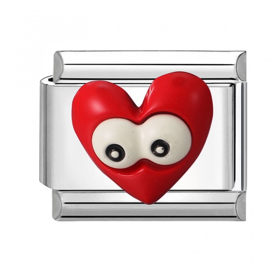 Immagine di 1 Pz 304 Acciaio Inossidabile San Valentino Bracciale con Charm Italiano a Maglie, Creazione di Gioielli Fai-da-te All'Ingrosso Tono Argento Rosso Rettangolo Cuore 10mm x 9mm
