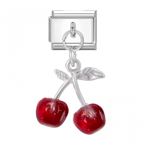Picture of 1 Piece 304 Stainless Steel Stylish Italian Charm Links For DIY Bracelet Jewelry Making Wholesale Silver Tone Red Cherry Fruit 10mm x 9mm
