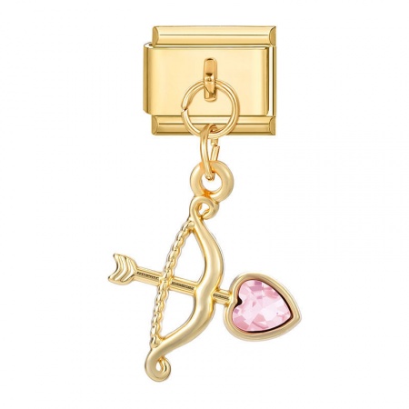 Picture of 1 Piece 304 Stainless Steel Stylish Italian Charm Links For DIY Bracelet Jewelry Making Wholesale Gold Plated Cupid Pink Rhinestone 10mm x 9mm