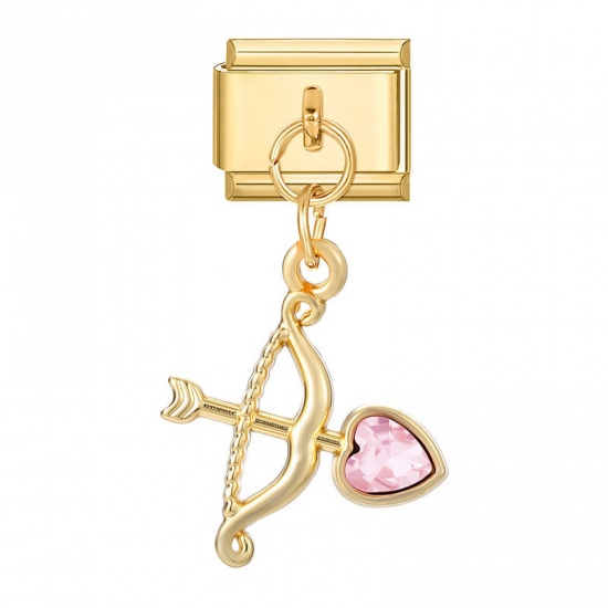 Picture of 1 Piece 304 Stainless Steel Stylish Italian Charm Links For DIY Bracelet Jewelry Making Wholesale Gold Plated Cupid Pink Rhinestone 10mm x 9mm