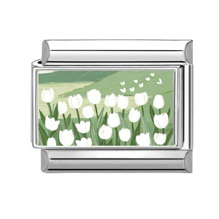 Picture of 1 Piece 304 Stainless Steel Stylish Italian Charm Links For DIY Bracelet Jewelry Making Wholesale Silver Tone Green Rectangle Flower 10mm x 9mm