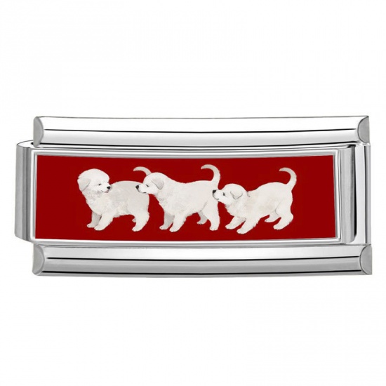 Picture of 1 Piece 304 Stainless Steel Stylish Italian Charm Links For DIY Bracelet Jewelry Making Wholesale Silver Tone White Rectangle Dog 20mm x 9mm
