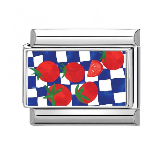 Picture of 1 Piece 304 Stainless Steel Stylish Italian Charm Links For DIY Bracelet Jewelry Making Wholesale Silver Tone Red Rectangle Strawberry Fruit 10mm x 9mm